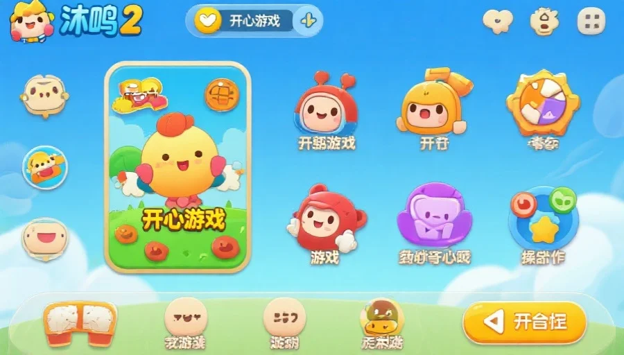沐鸣2开心游戏主界面截图，展示多种卡通风格游戏图标和简单直观的操作按钮